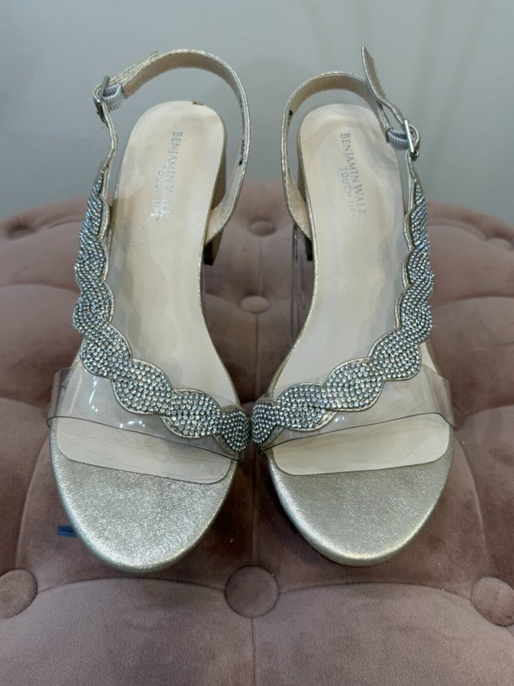 Touch Ups Benjamin Walk Ruby Rhinestone Block Heel Sandals Champagne 7M